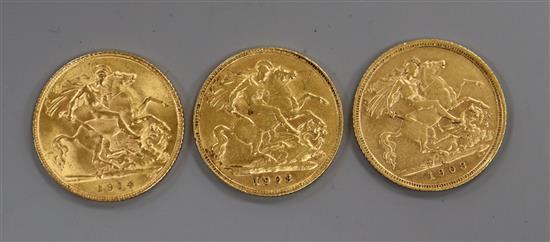 Three gold half sovereigns, 1903, 1908 and 1914.